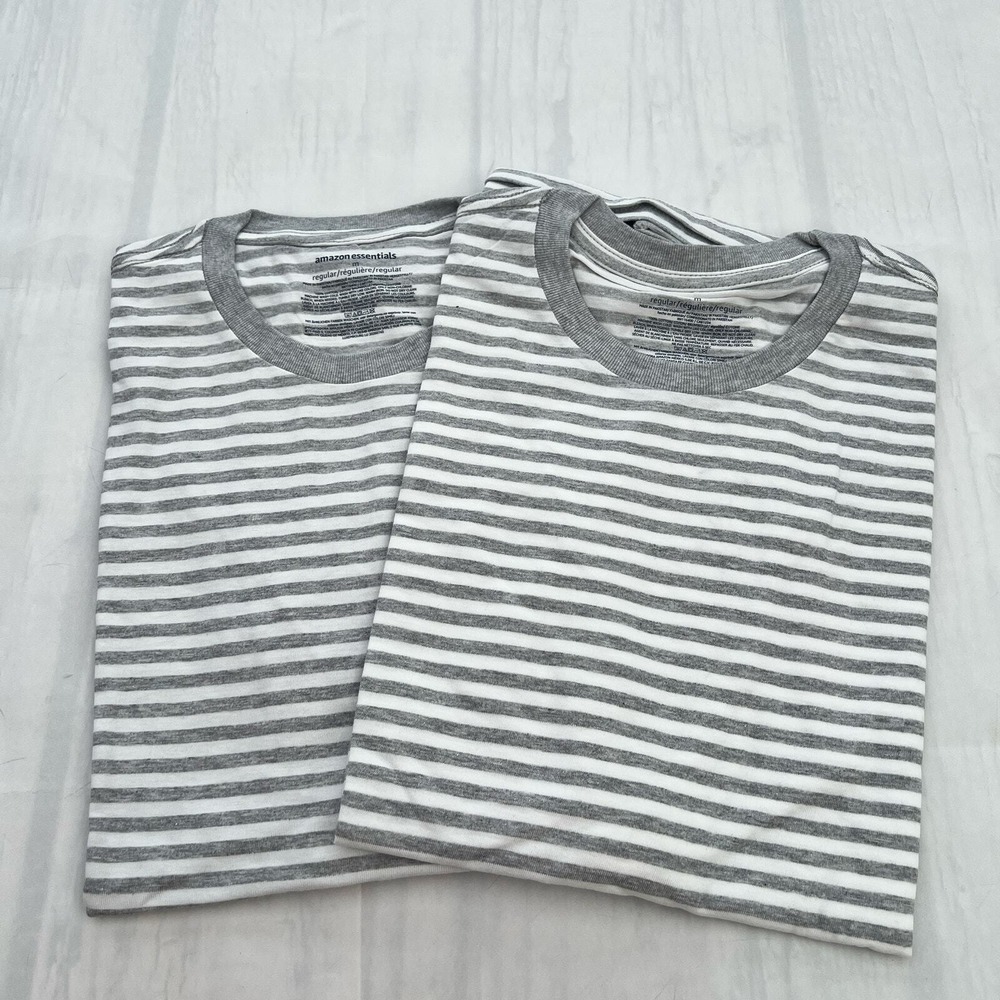 Amazon Essentials Men's Gray Striped Reg-Fit Short Sleeve Crewneck T-Shirts M